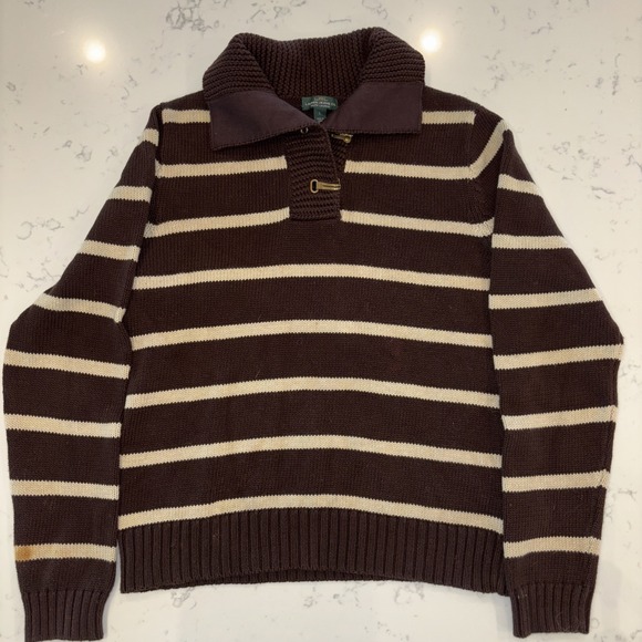 VTG Lauren Ralph Lauren Women's Striped Sweater Metal Toggle Collar Brown Sz L - Picture 1 of 8